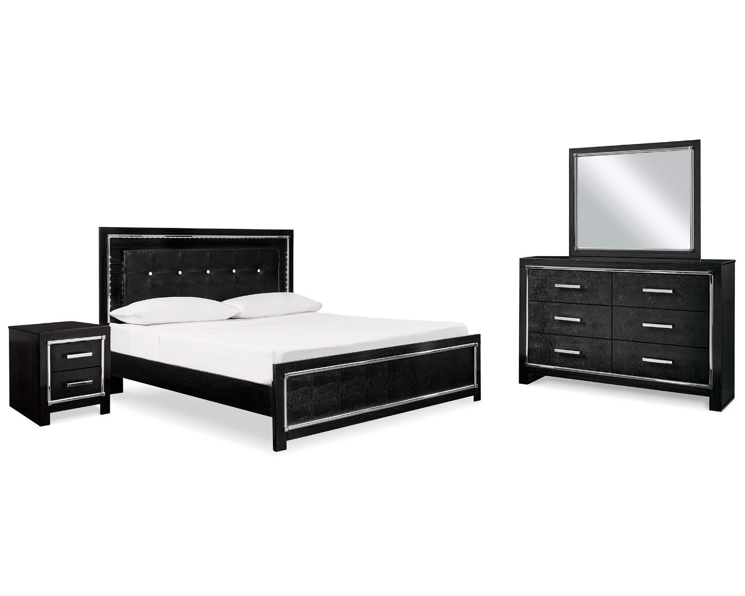 Kaydell King Upholstered Panel Bed, Dresser, Mirror, and Nightstand