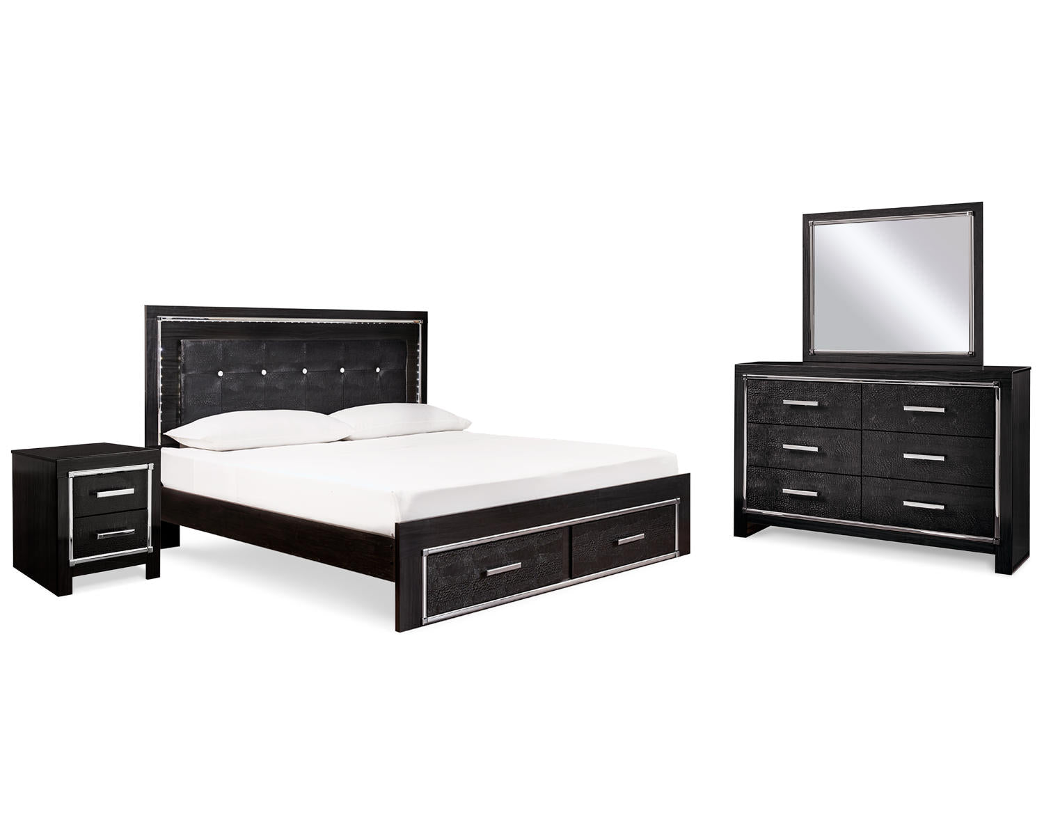 Kaydell King Panel Storage Bed, Dresser, Mirror and Nightstand