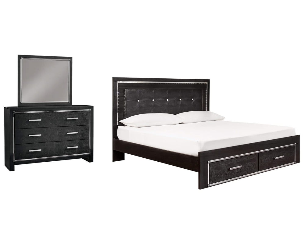 Cama Kaydell King con paneles, espacio de almacenamiento, tocador y espejo