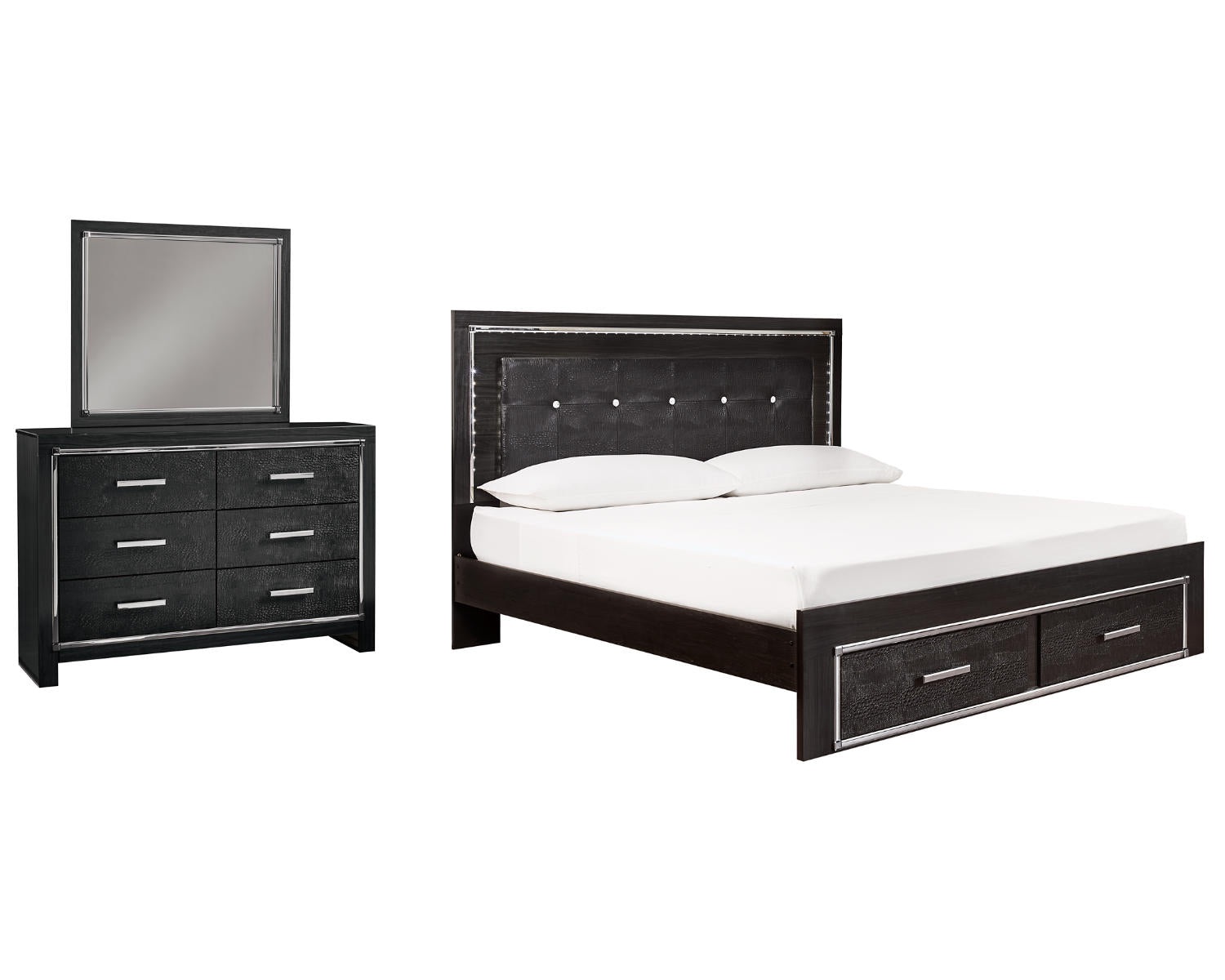 Kaydell King Panel Bed with Storage, Dresser and Mirror