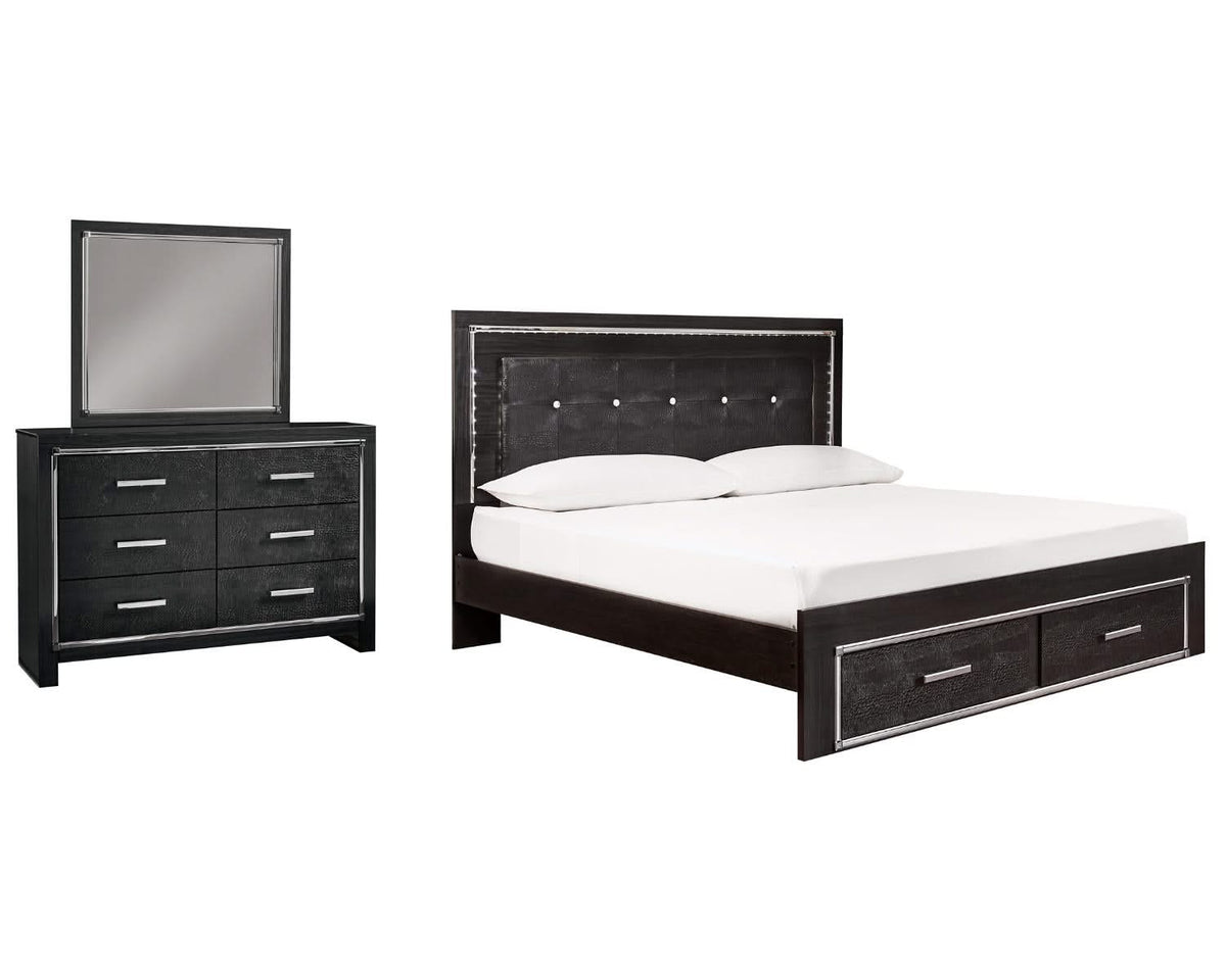 Cama Kaydell King con paneles, espacio de almacenamiento, tocador y espejo