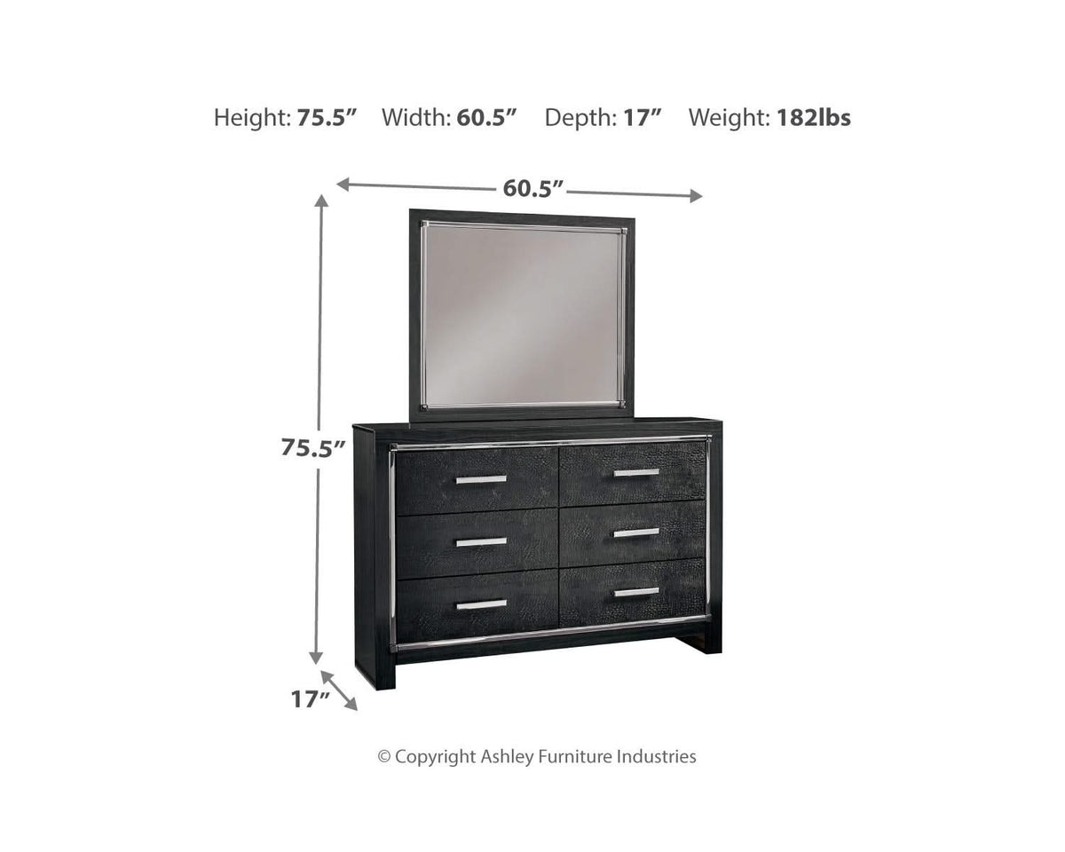 Kaydell King Upholstered Panel Storage Bed, Dresser and Mirror