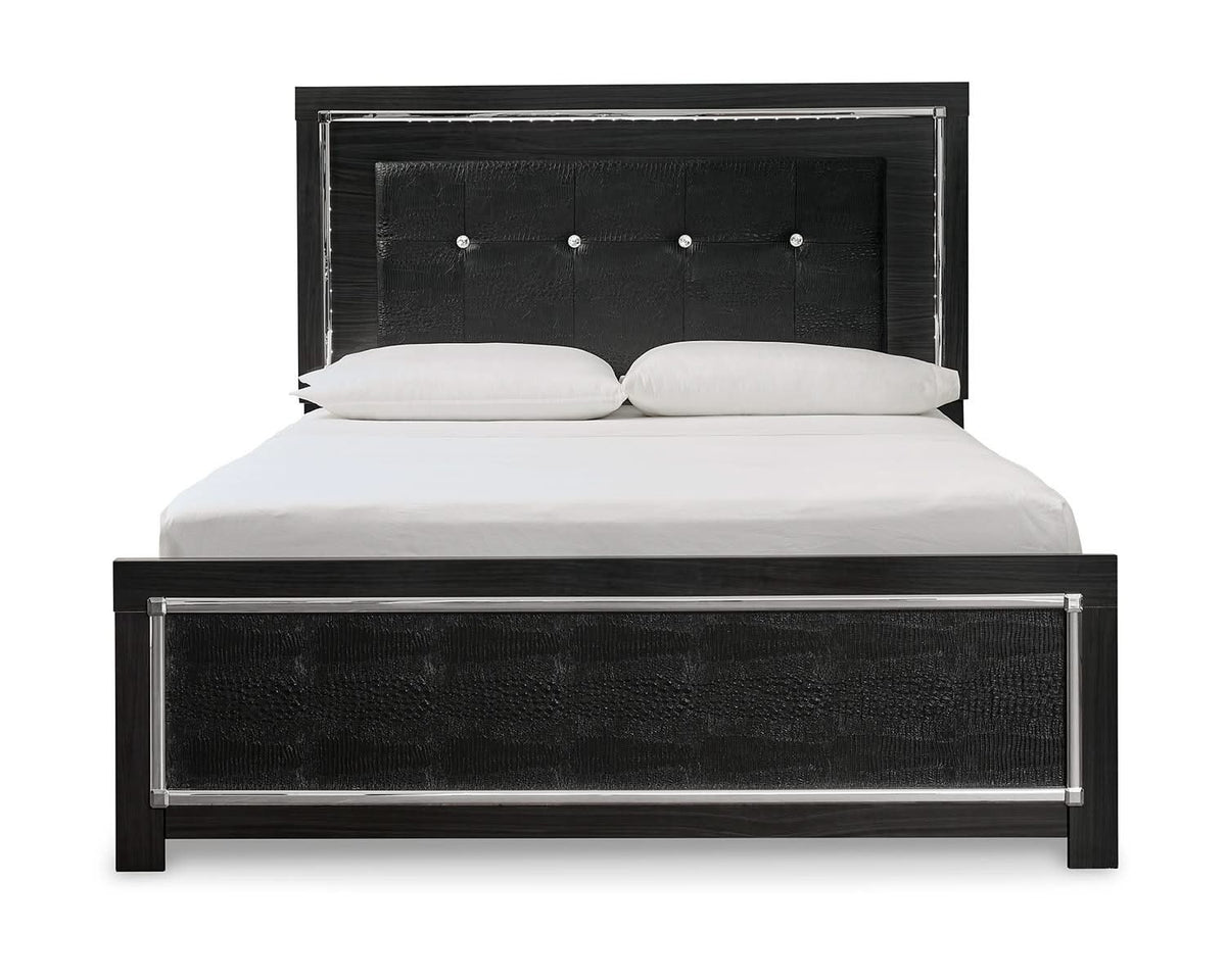 Cama tamaño queen Kaydell con paneles, tocador, espejo, cómoda y mesita de noche