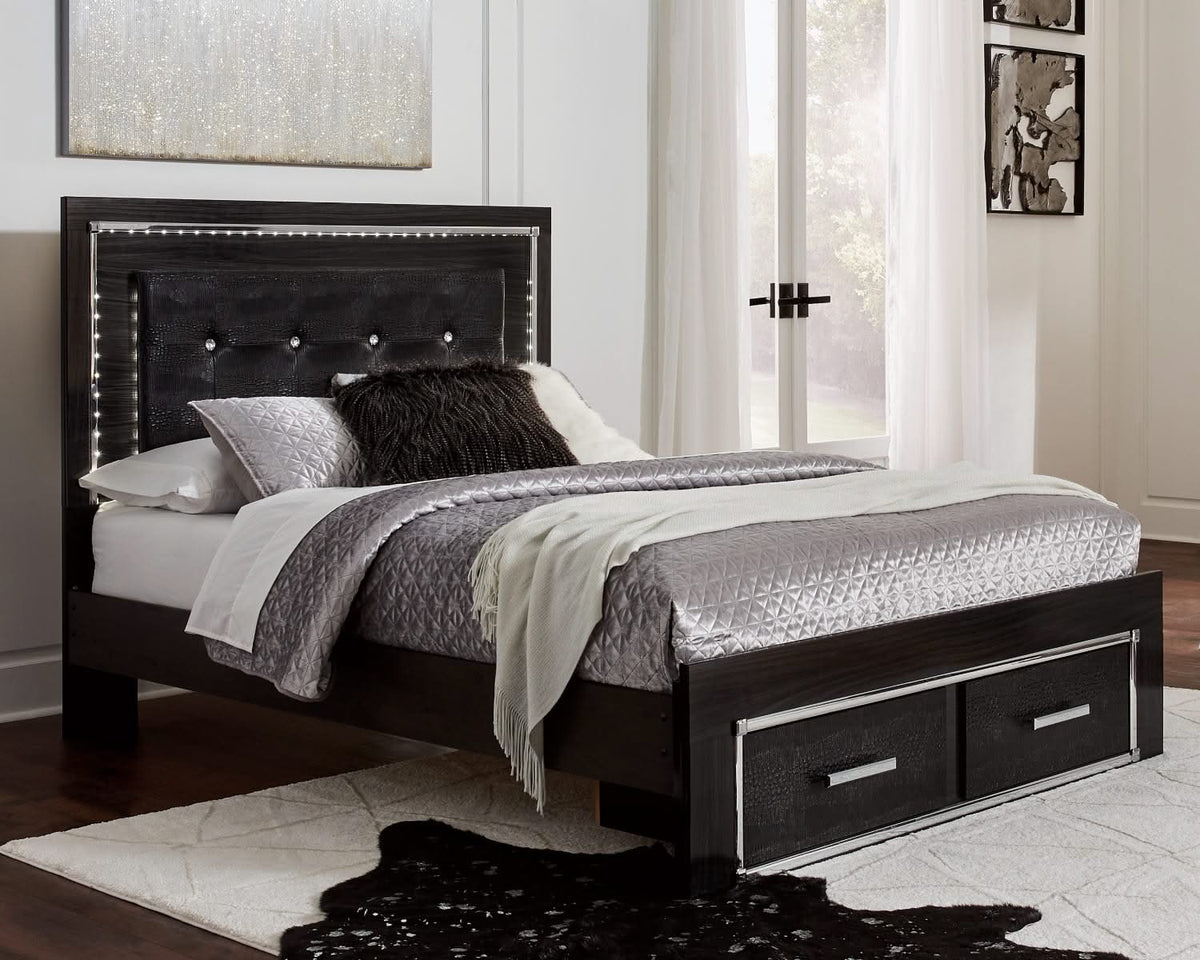 Cama Kaydell Queen con paneles, espacio de almacenamiento, tocador y espejo