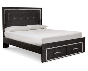 Cama Queen tapizada Kaydell con paneles, tocador, espejo y cómoda