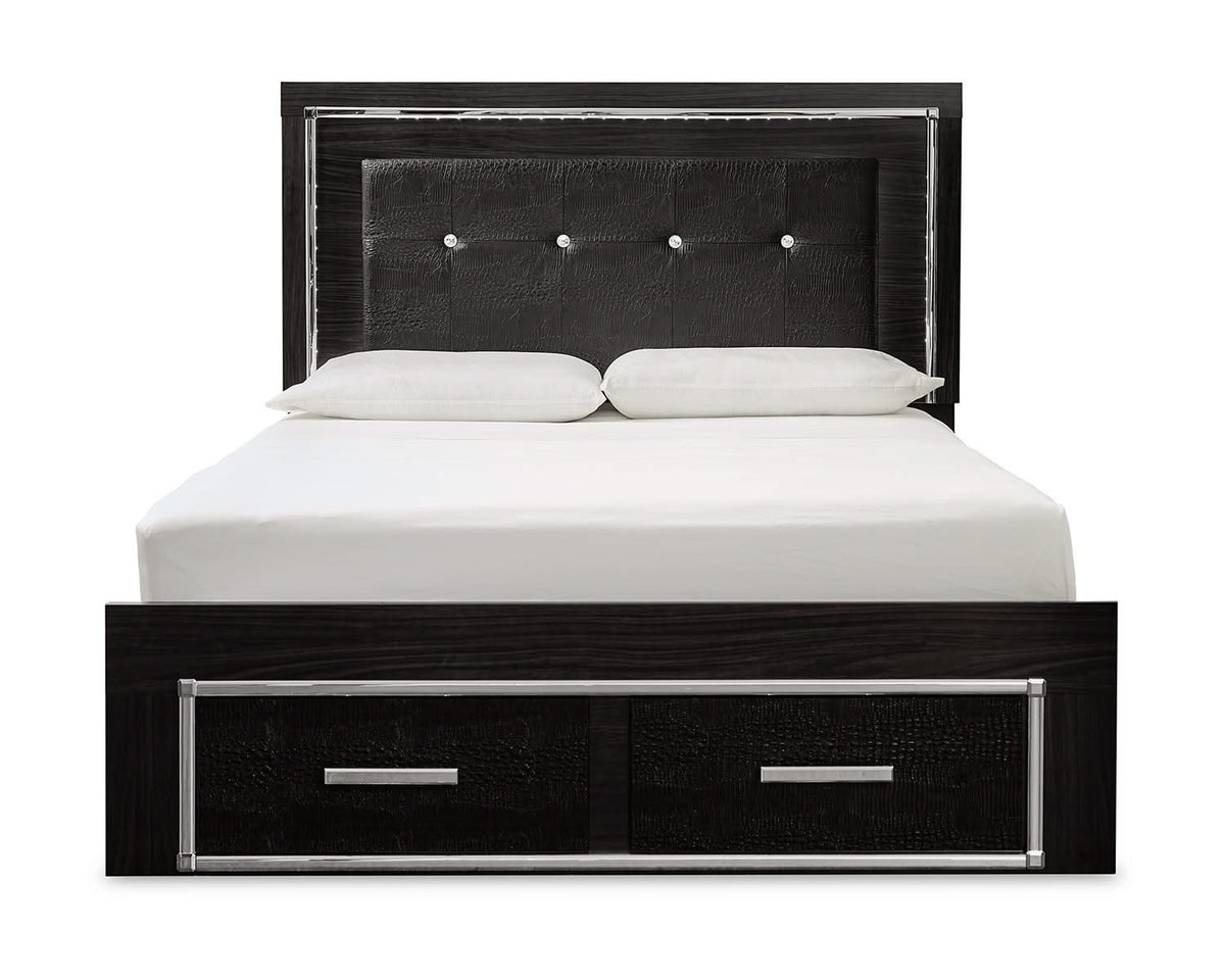 Cama Queen tapizada Kaydell con paneles, tocador, espejo y cómoda