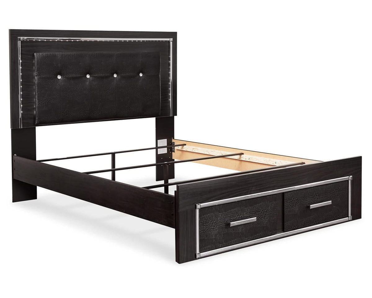 Cama Queen tapizada Kaydell con paneles, tocador, espejo y cómoda