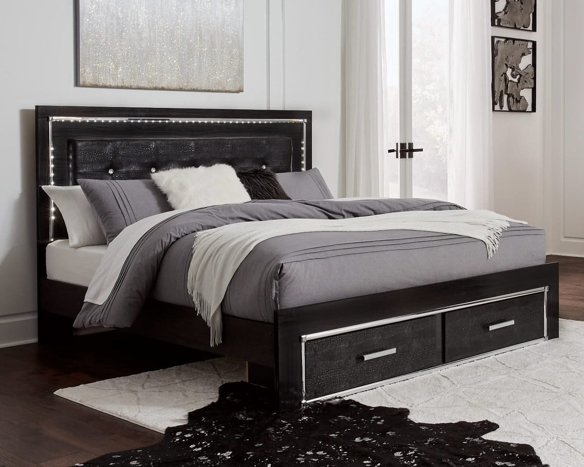 Cama Kaydell King con almacenaje, tocador, espejo y mesita de noche