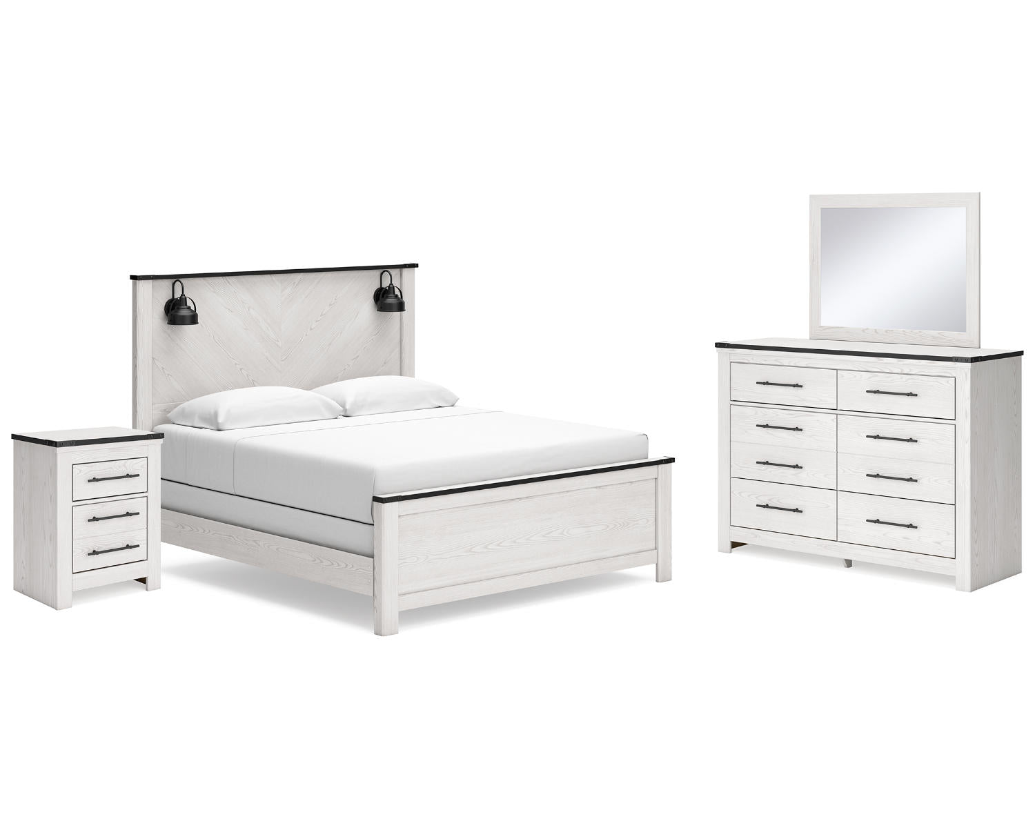 Schoenberg King Panel Bed, Dresser, Mirror and Nightstand