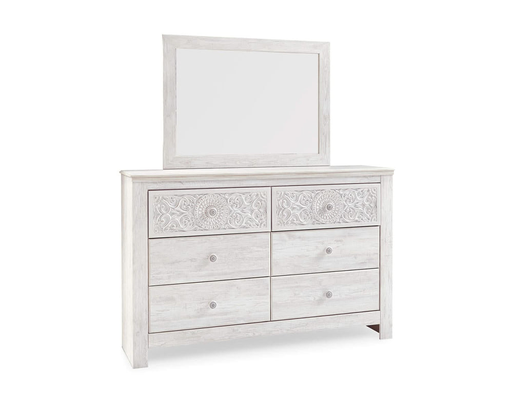 Cama Queen con paneles, tocador y espejo Paxberry