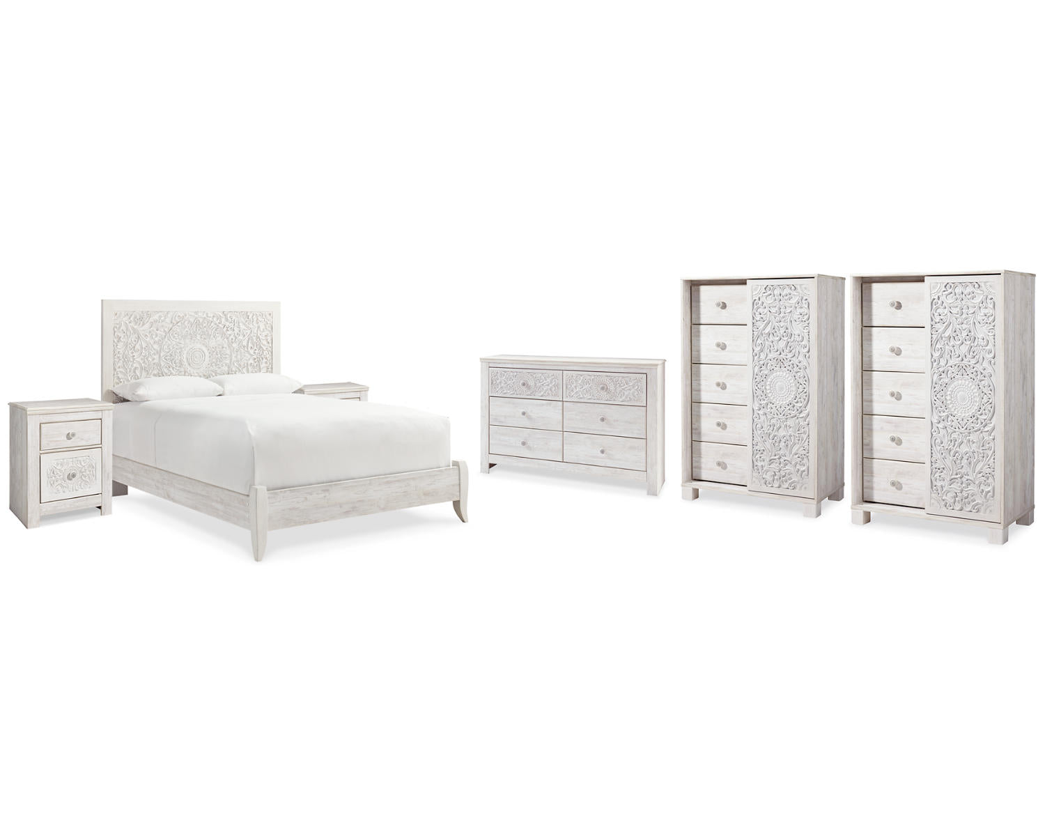 Paxberry Queen Panel Bed, Dresser, 2 Chests and 2 Nightstands
