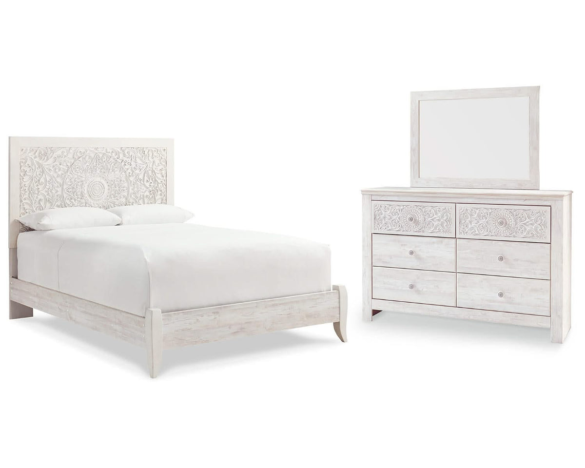 Cama Queen con paneles, tocador y espejo Paxberry