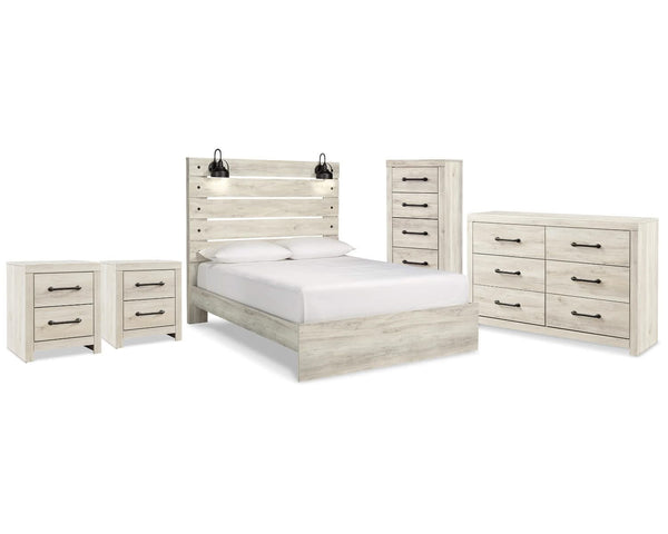 Cama Queen Cambeck con paneles de almacenaje, cómoda, arcón y dos mesitas de noche