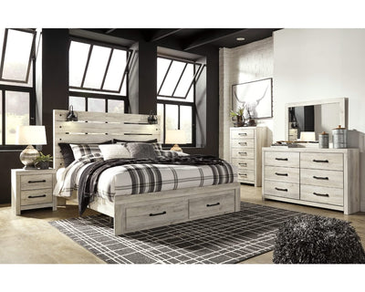 Cama King Cambeck con almacenamiento, tocador, espejo, cómoda y dos mesitas de noche