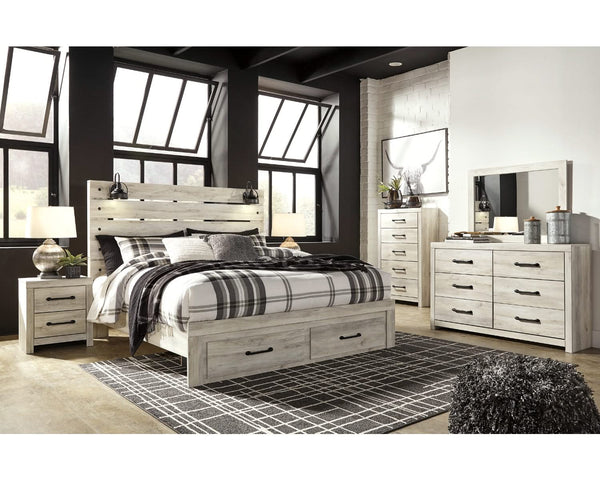Cama King Cambeck con almacenamiento, tocador, espejo, cómoda y dos mesitas de noche