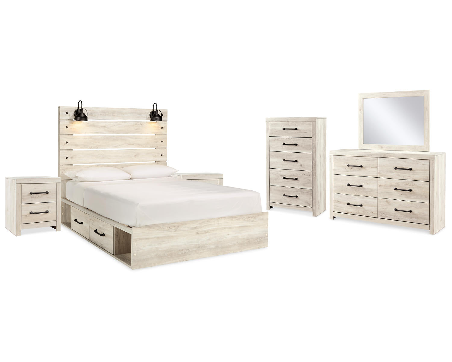 Cambeck Queen Panel Storage Bed, Dresser, Mirror, 2 Chests and 2 Nightstands