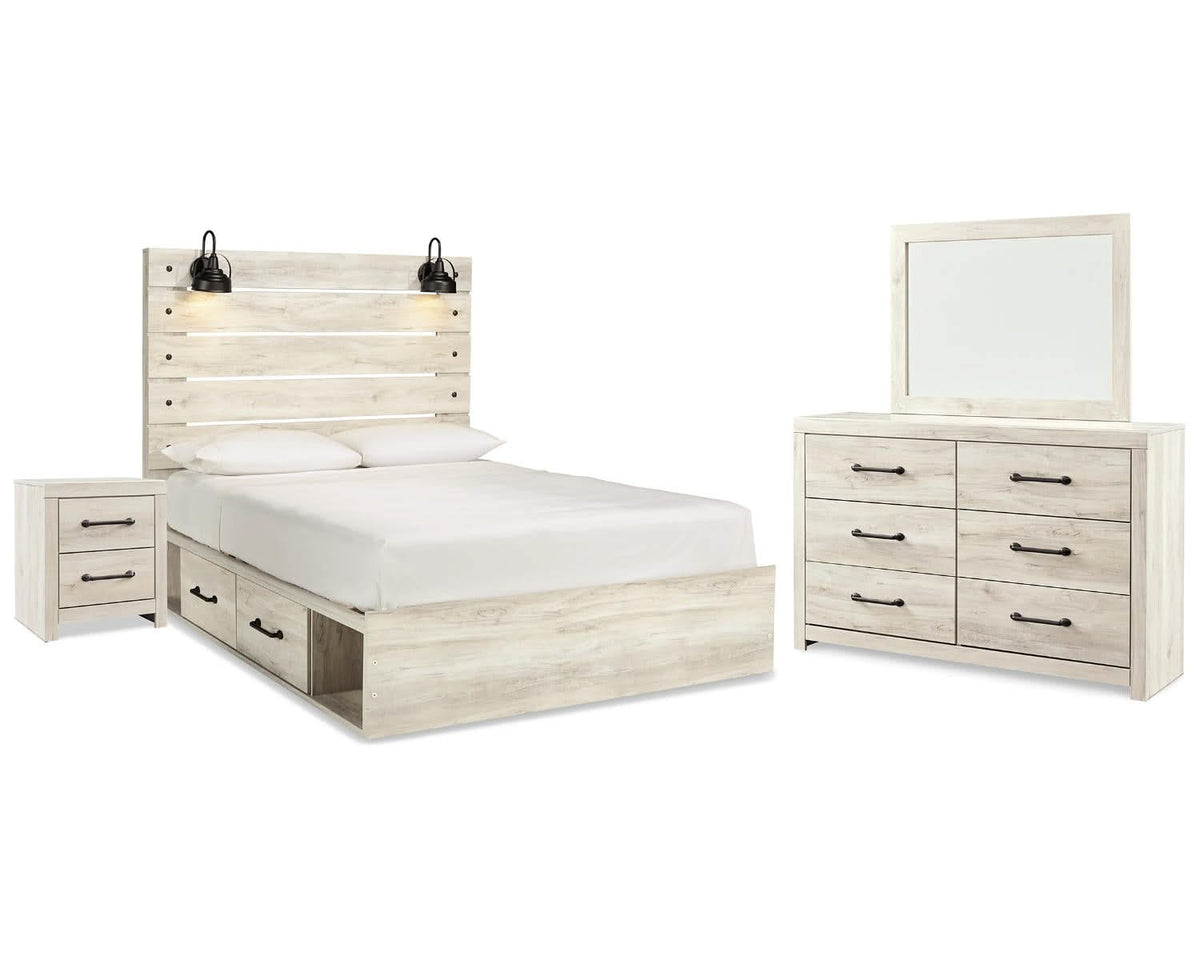 Cama Queen Cambeck con paneles, espacio de almacenamiento, tocador y espejo
