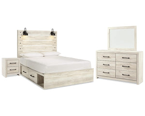 Cama Queen Cambeck con paneles, espacio de almacenamiento, tocador y espejo
