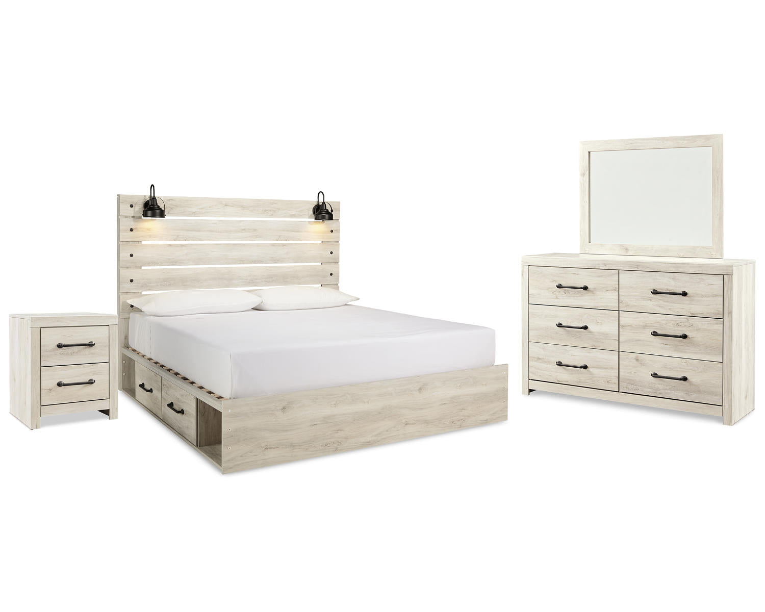 Cambeck King Panel Bed with Storage, Dresser, Mirror and Nightstand