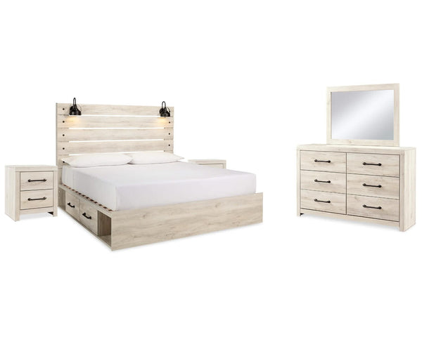 Cama King Cambeck con almacenaje, tocador, espejo y dos mesitas de noche