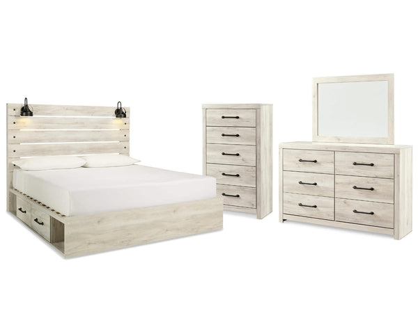 Cama King Cambeck con paneles, espacio de almacenamiento, tocador, espejo y cómoda
