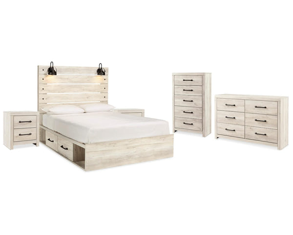 Cama King Cambeck con almacenaje, cómoda, arcón y dos mesitas de noche