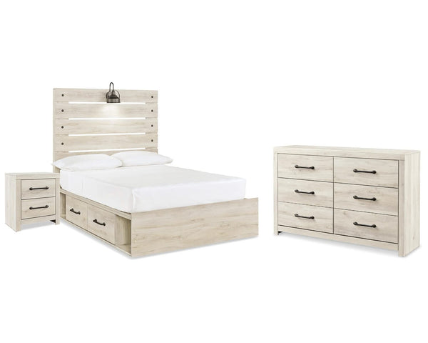 Cama Cambeck con almacenamiento de paneles completos, cómoda y mesita de noche