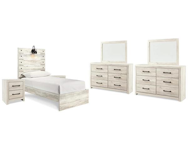 Cama doble Cambeck con dos paneles, dos cómodas, dos espejos y dos mesitas de noche
