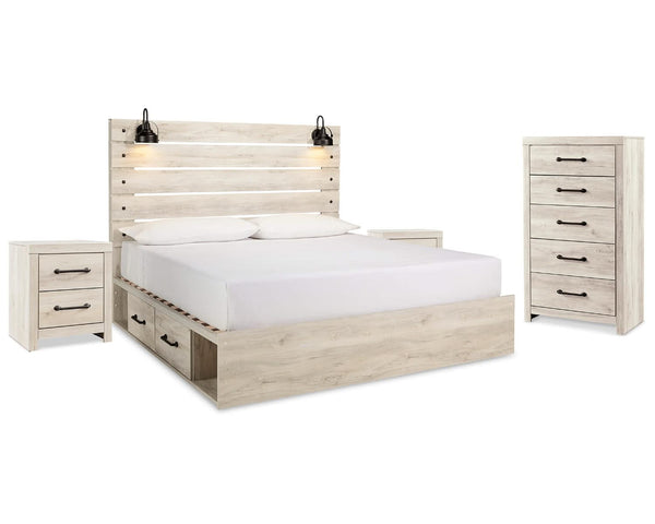 Cama King Cambeck con paneles, espacio de almacenamiento, cómoda y dos mesitas de noche