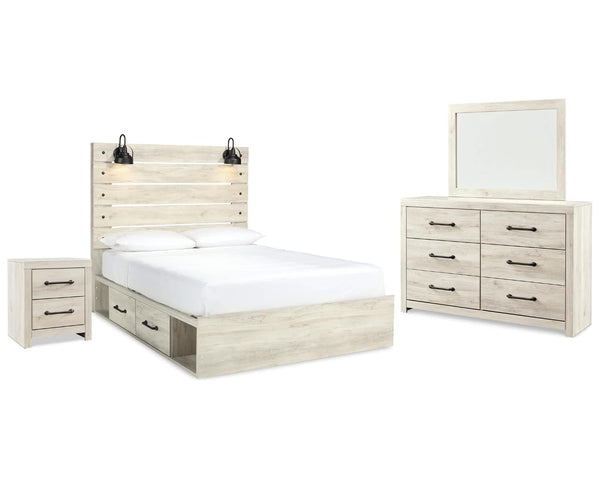 Cama Queen Cambeck con paneles, espacio de almacenamiento, tocador, espejo y mesita de noche