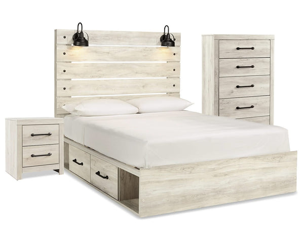 Cama Queen Cambeck con paneles, espacio de almacenamiento, cómoda y mesita de noche
