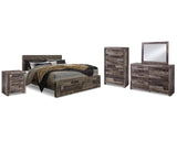 Cama Derekson King con almacenamiento, tocador, espejo, cómoda y mesita de noche