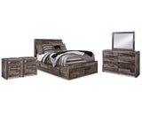 Cama Derekson con almacenamiento de paneles completos, tocador, espejo y dos mesitas de noche
