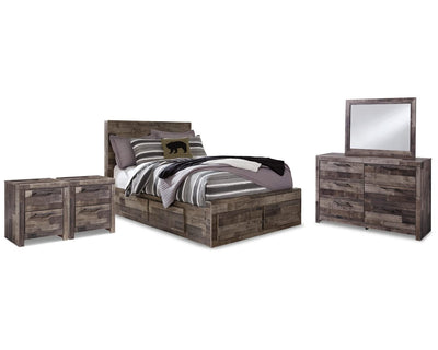 Cama Derekson con almacenamiento de paneles completos, tocador, espejo y dos mesitas de noche