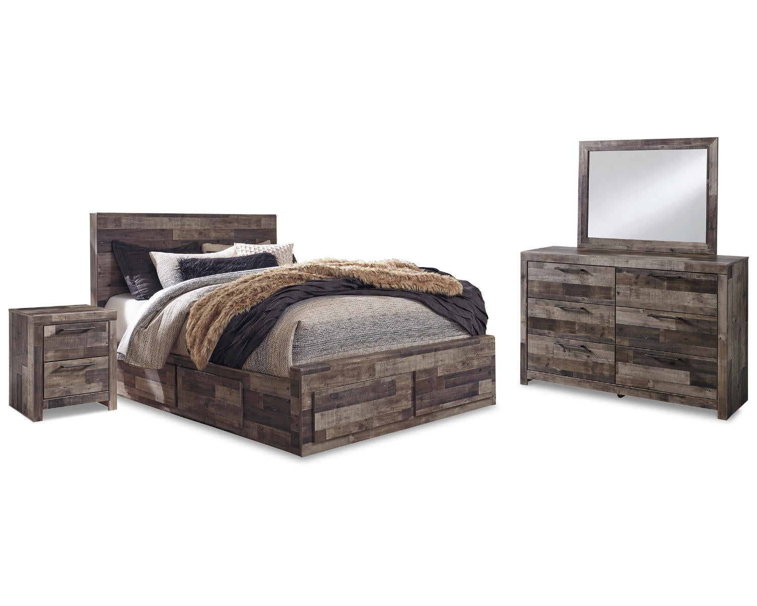 Derekson Queen Panel Storage Bed, Dresser, Mirror and 2 Nightstands