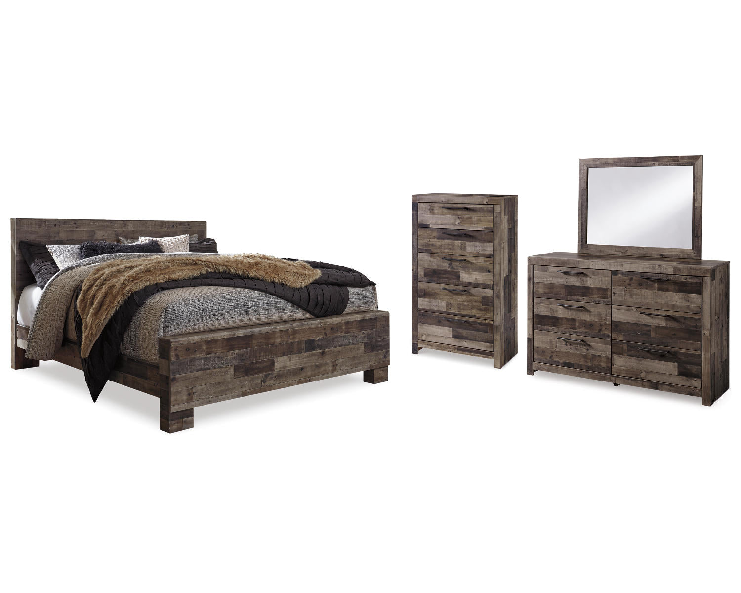 Derekson King Panel Bed, Dresser, Mirror and Chest