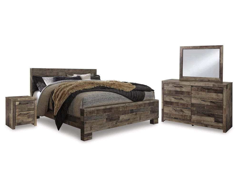 Cama King Derekson con paneles, tocador, espejo y mesita de noche