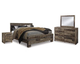 Cama King Derekson con paneles, tocador, espejo y mesita de noche