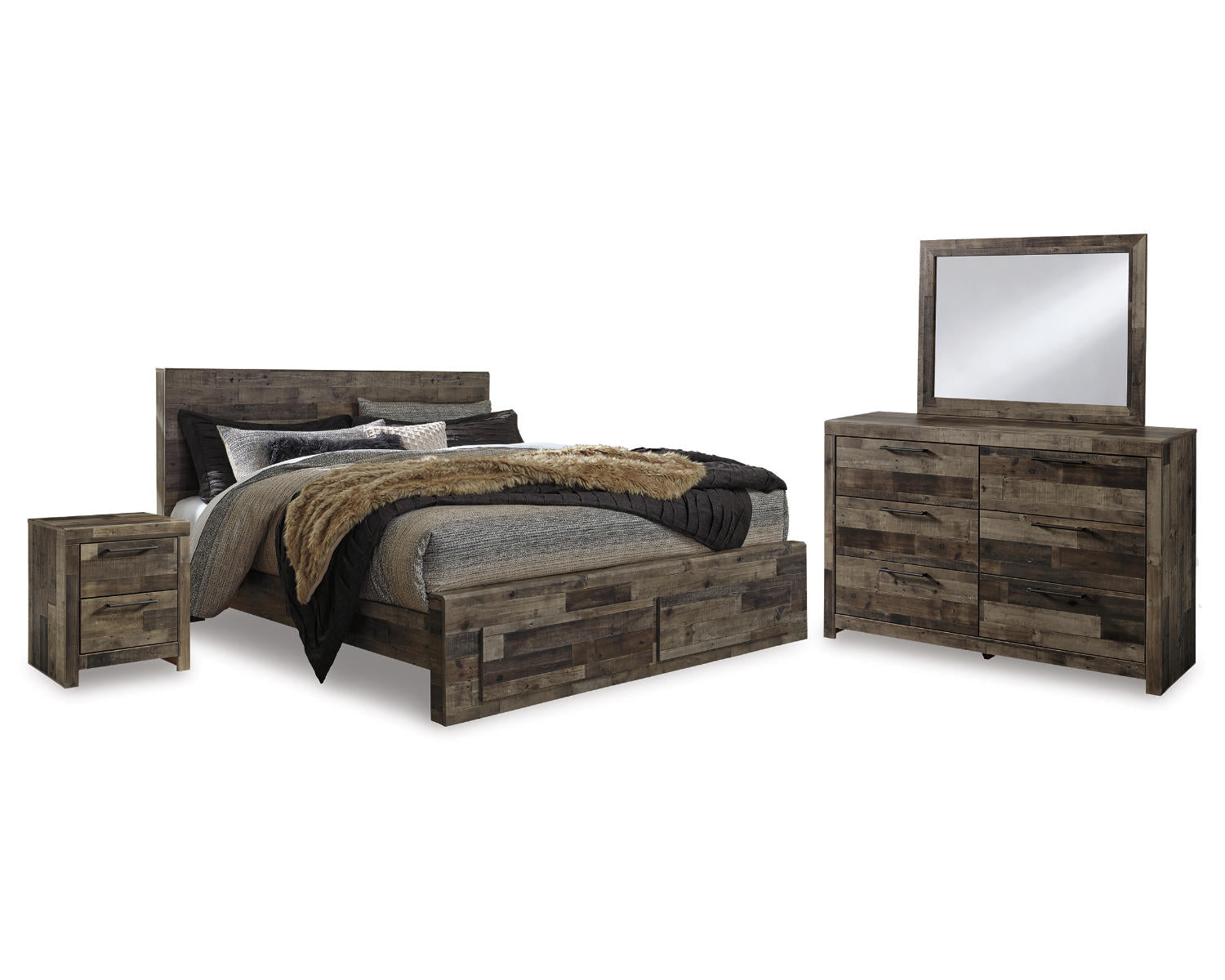 Derekson King Panel Storage Bed, Dresser and Nightstand