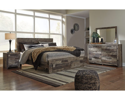 Cama Derekson King con almacenamiento, tocador, espejo, cómoda y dos mesitas de noche