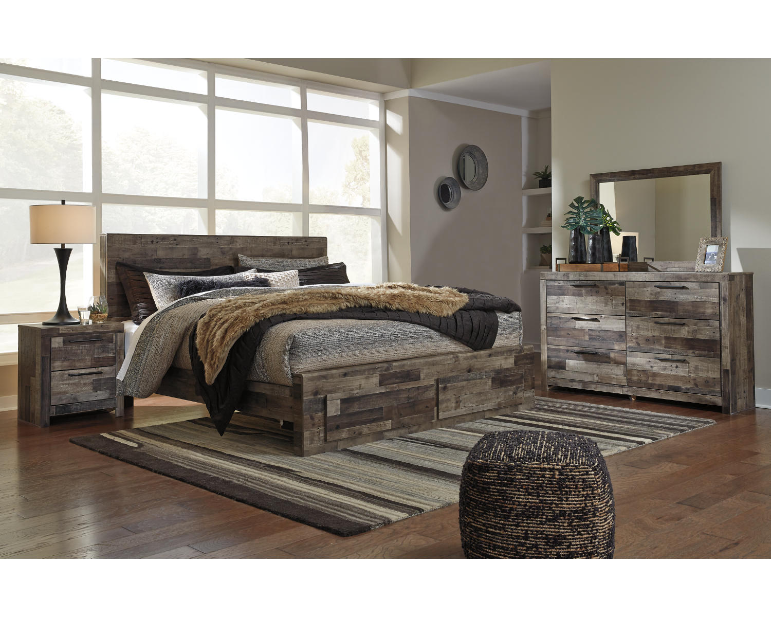 Derekson King Panel Storage Bed, Dresser, Mirror, Chest and 2 Nightstands
