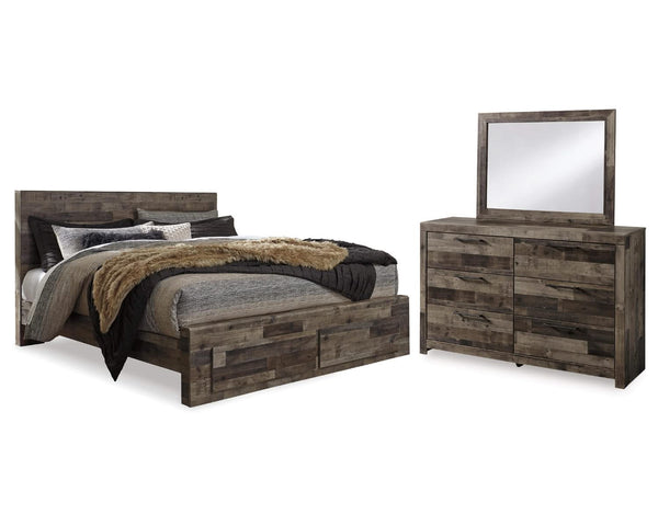 Cama King Derekson con almacenamiento, tocador y espejo