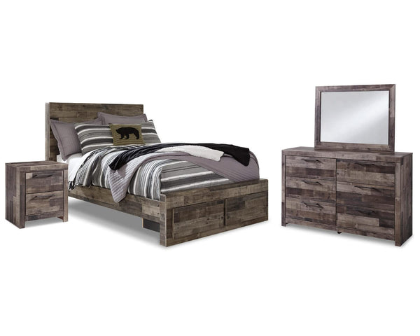 Cama Derekson con almacenamiento de paneles completos, tocador, espejo y mesita de noche