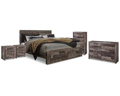 Cama King Derekson con almacenaje, cómoda, arcón y dos mesitas de noche