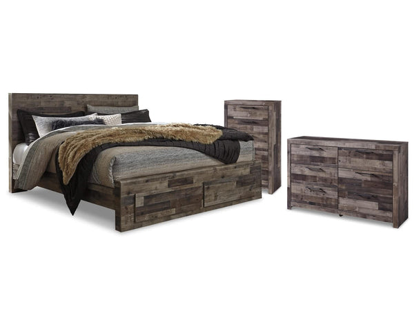 Cama King con almacenaje, cómoda y arcón Derekson
