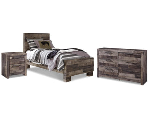 Cama individual con paneles, cómoda y mesita de noche Derekson
