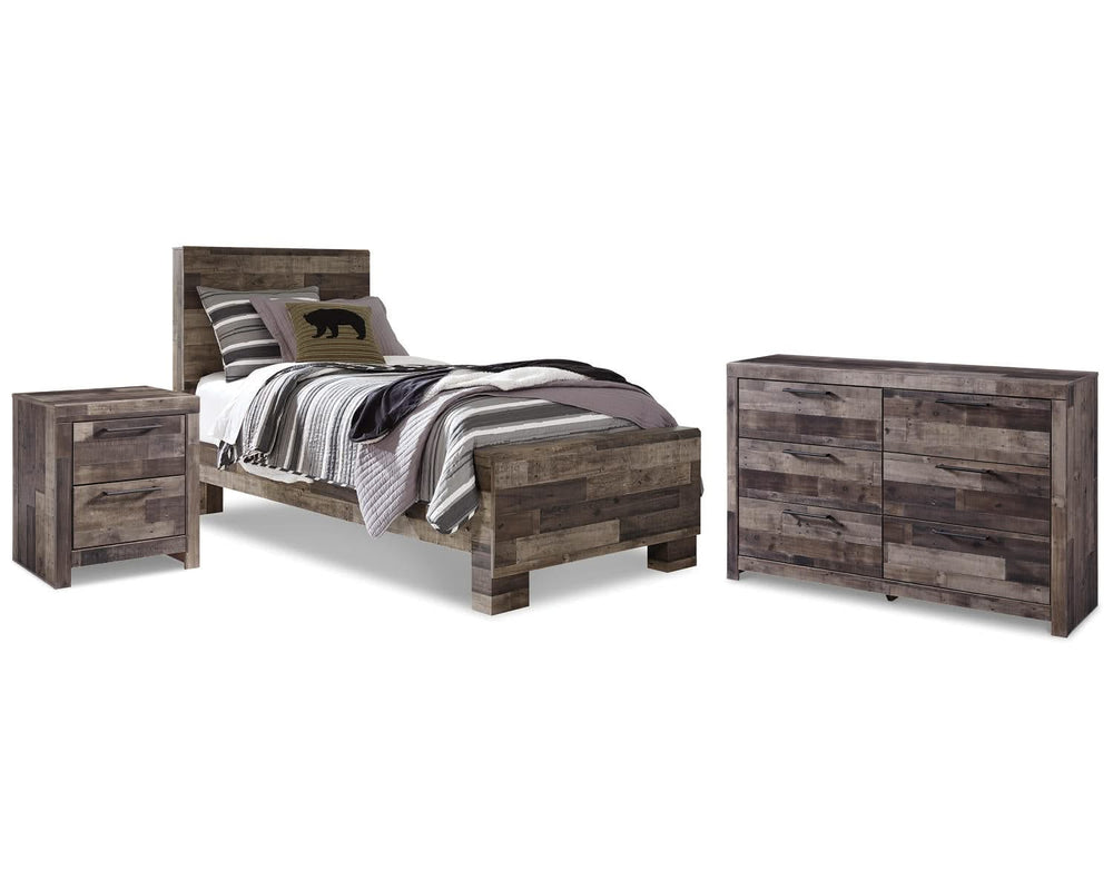 Cama individual con paneles, cómoda y mesita de noche Derekson