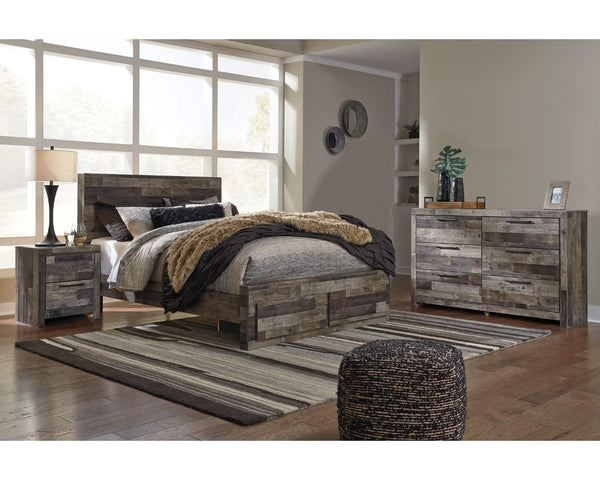 Cama Queen Derekson con almacenamiento, cómoda y mesita de noche