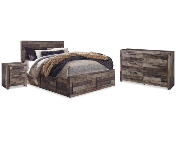 Cama Queen Derekson con almacenamiento, cómoda y dos mesitas de noche