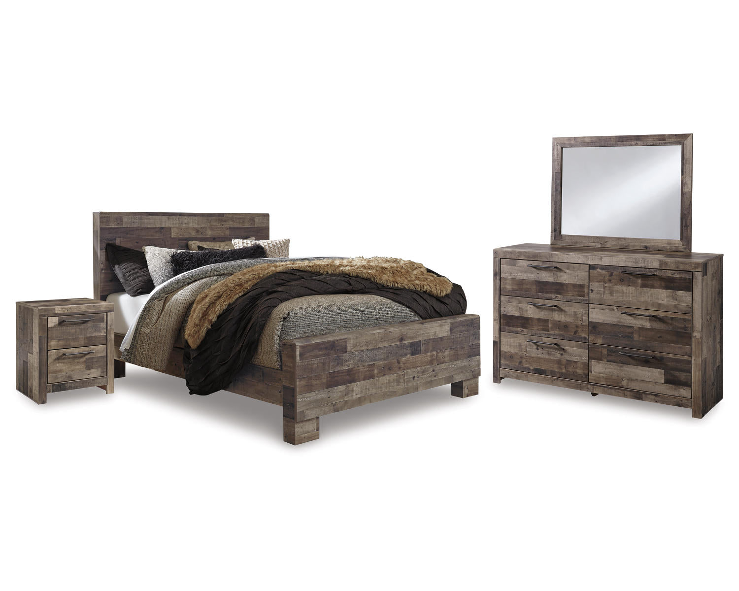Derekson Queen Bed with Mirrored Dresser and Nightstand